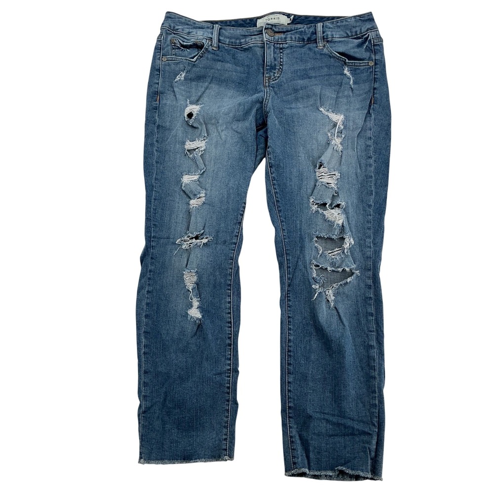 Torrid Distressed Boyfriend Jeans Womens 14 Blue Ripped Raw Hem Grunge Edgy